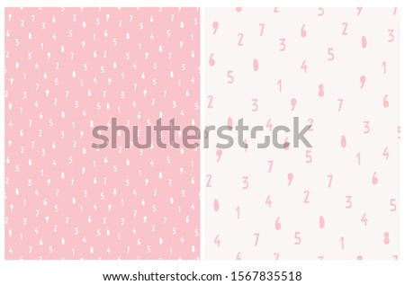 Lovely Gray and Pink Numbers Seamless Vector Patterns.White Handwritten Digits Isolated on a Pink and Off-White Background.Cute Geometric Vector Print for Fabric, Cover.Tiny Figures Repeatable Layout.