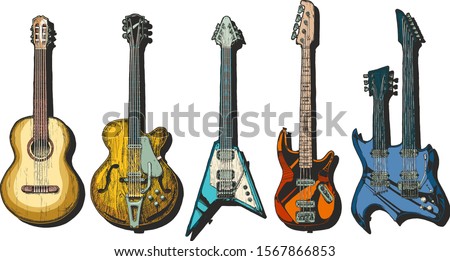 Vector hand drawn set of guitars. Acoustic (classical), semi-acoustic (archtop),  electric, bass guitar and double neck.