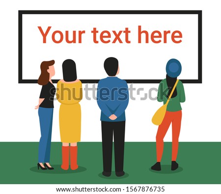 Women and man turned back, in art gallery viewing painting with blank space for your text and design. Blank board mockup, Copy space. Tell a Story concept flat vector illustration.