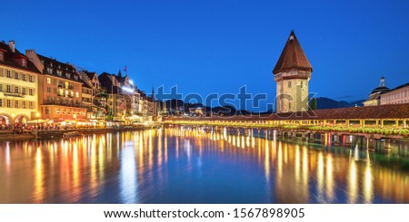 Lucerne historic city center view on  famous Chapel Bridge and lake Lucerne (Vierwaldstattersee), Lucerne, Switzerland