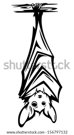 raster - cute bat hanging on tree branch - black and white Halloween character (additional format is also available)