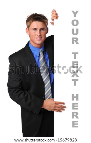 Young businessman with blank board isolated on white