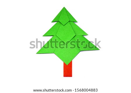 Origami Christmas paper art : Christmas tree isolated on white background, Merry Christmas and Happy New year.
