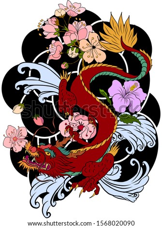 Traditional Chinese dragon for tattoo or painting on wallpaper background.Hand drawn Japanese tattoo design with flower and wave for printing on jacket or T-shirt style Asian.