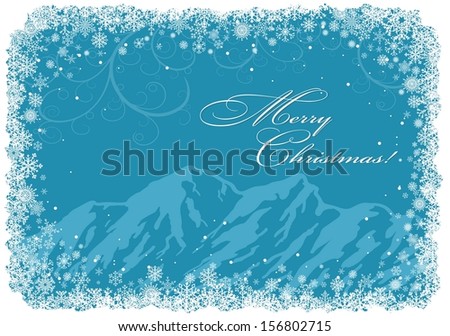 Blue Christmas background with mountains and snowflakes. Vector.