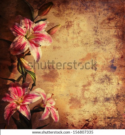 Pink lilies on a vintage textured  background/flowers grunge background/Romantic vintage lily  background