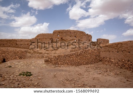Landscape view of Ait-Ben Haddou village, entrance to the desert. Sunny day in Ouarzazate, Morocco.