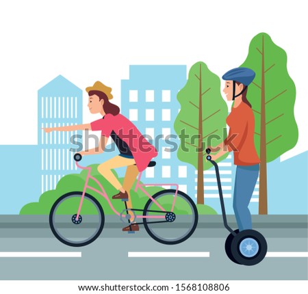 People on bike and segway design, transportation drive travel traffic speed road and theme Vector illustration