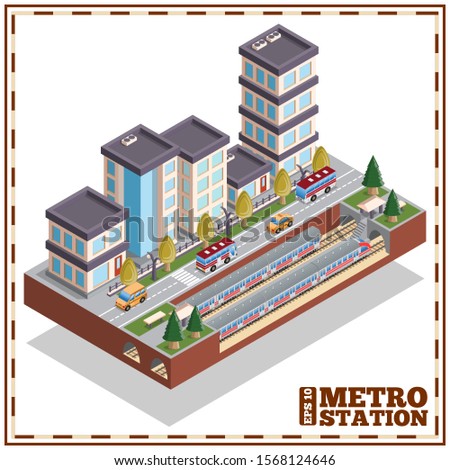 Metro station. Cityscape. Isometric. Isolated on white background. Vector illustration.