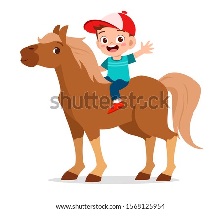 happy cute kid boy riding cute horse vector