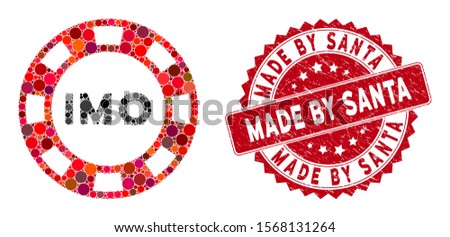 Mosaic IMO token and grunge stamp watermark with Made by Santa text. Mosaic vector is formed with IMO token icon and with random round items. Made by Santa stamp uses red color, and grunged design.