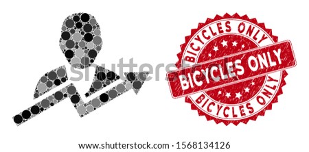 Mosaic user trend and distressed stamp watermark with Bicycles Only text. Mosaic vector is created with user trend icon and with random circle elements. Bicycles Only stamp uses red color,