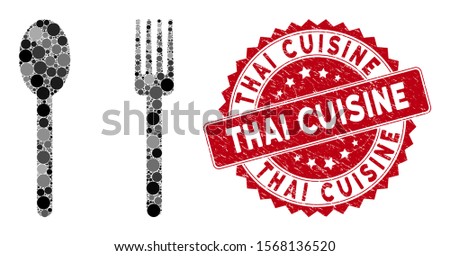 Mosaic fork and spoon and corroded stamp seal with Thai Cuisine caption. Mosaic vector is formed with fork and spoon icon and with scattered round elements. Thai Cuisine stamp seal uses red color,