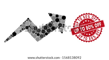 Mosaic trend up arrow and rubber stamp seal with Up to 80% Off text. Mosaic vector is designed with trend up arrow icon and with randomized spheric items. Up to 80% Off stamp seal uses red color,