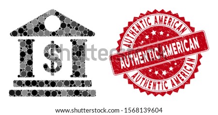Mosaic American bank building and rubber stamp seal with Authentic American text. Mosaic vector is composed with American bank building icon and with random spheric elements.