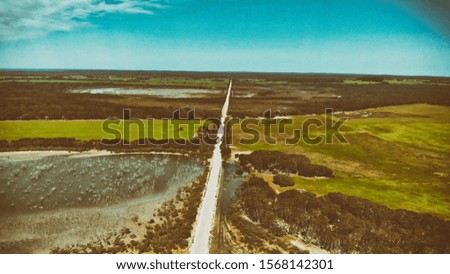 Aerial overhead view of road across swamps.