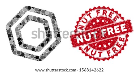 Mosaic screw nut and corroded stamp seal with Nut Free text. Mosaic vector is composed with screw nut icon and with random circle elements. Nut Free stamp seal uses red color, and grunge texture.