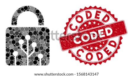 Mosaic circuit lock and grunge stamp seal with Coded caption. Mosaic vector is designed with circuit lock icon and with scattered circle spots. Coded stamp seal uses red color, and distress design.