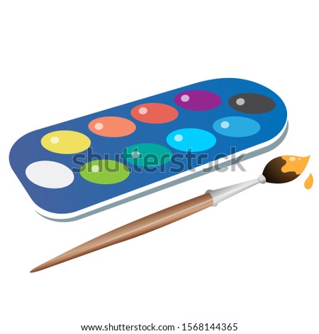 Color image of cartoon watercolor paint with brush on white background. Drawing. Vector illustration for kids.