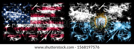 United States of America, USA vs San Marino, Sammarinese New Year celebration sparkling fireworks flags concept background. Combination of two abstract states flags.
