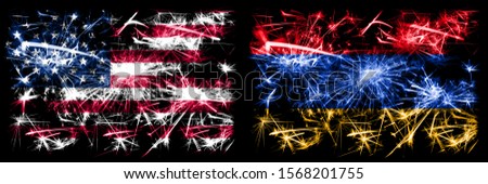 United States of America, USA vs Armenia, Armenian New Year celebration sparkling fireworks flags concept background. Combination of two abstract states flags.
