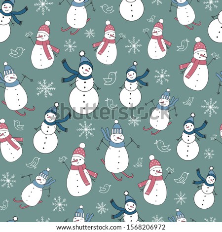 Vector repeat pattern with cute snowmen and snowflakes. One of the "Winter Snowmen" collection patterns with Christmas feeling.