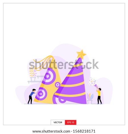two men are decorating two giant hats for the 2020 new year celebration. Vector illustration flat design style.