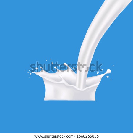 Milk or cream splash on blue background. Pour yogurt with swirl and drops. Farm product. Fresh milk shake with splashing. Wave flow of natural dairy products. Creamy food. Isolated vector illustration