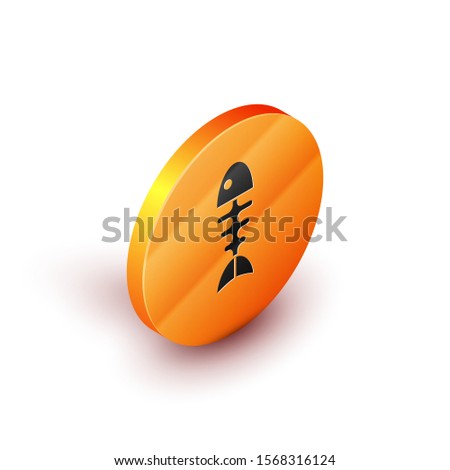Isometric Fish skeleton icon isolated on white background. Fish bone sign. Orange circle button. Vector Illustration