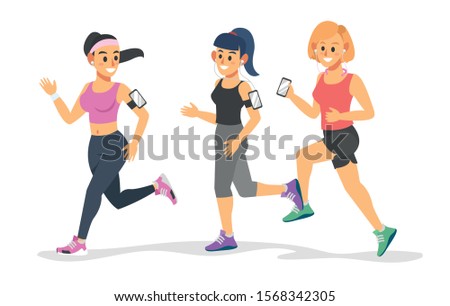 A group of beautiful women running, exercise. Vector illustration in flat style.