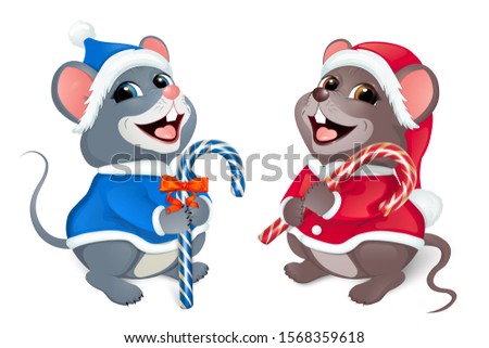 Santa Mouse Merry Christmas Greetings. A set of mice in a Santa costume. In the paws candy is a cane. The symbol of the New Year on the Chinese calendar. .Isolated on a white background. Vector.