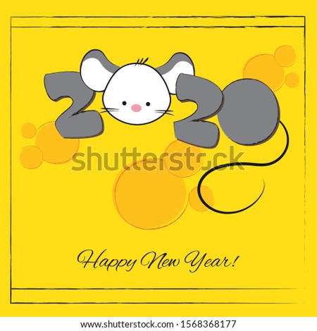 Christmas mice and cheese holes. Vector illustration. Cartoon cute mouse and numbers 2020 