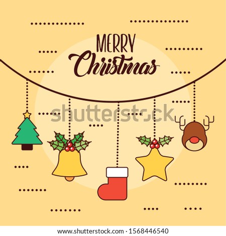 happy merry christmas card with icons hanging vector illustration design