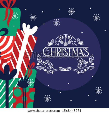 happy merry christmas card with gifts presents vector illustration design