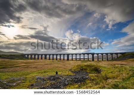 Train on Ribblehead Viaduct, which carries the Settle to Carlisle Railway across Batty Moss spanning 400 m and 32 m above the valley floor Royalty-Free Stock Photo #1568452564