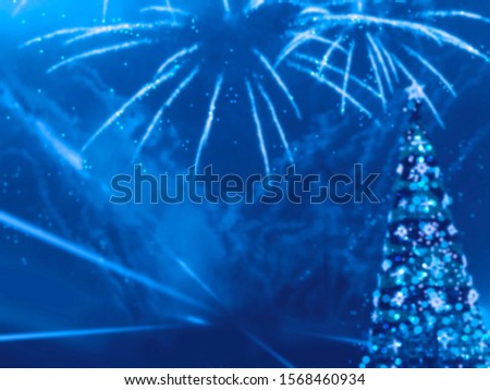 Christmas abstract background with defocused Christmas tree in lights and firework in the sky. Defocused background with Christmas tree in blue tones.