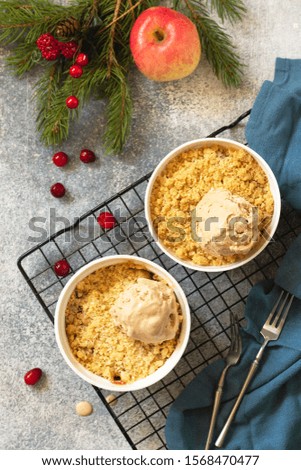 Homemade winter dessert. An apple crumbles with cranberries served with a ball of caramel ice cream on a stone or slate countertop background. Top view of a flat lay. 