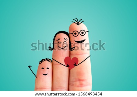 Painted fingers happy family concept, blue background