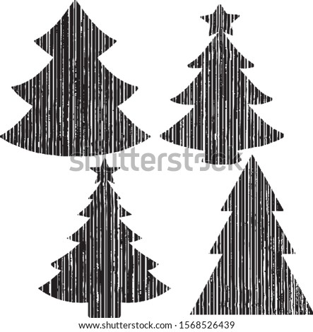 Grunge Christmas Trees Stamps Collection. Can be used as Banners, Insignias or Badges. Vector Distressed Textures Set. Blank Geometric Shapes. Vector Illustration. Black isolated on white. EPS10.