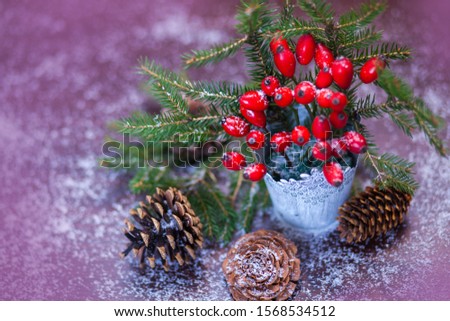 Beautiful background with highlights and bokeh, pine cones, spruce branches, rose hips in a decorative bucket, all covered with snow. The concept, the symbol of the holiday, Christmas, New year.    