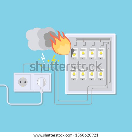 Electrical wiring fire, electrical outlet and switchboard vector illustration