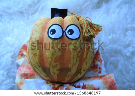 Paper-eyed red pumpkin with a square academic cap and a red tassel on a long sheep’s wool