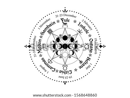 wheel of the Year is an annual cycle of seasonal festivals. Wiccan calendar and holidays. Compass with triple moon Wicca pagan goddess and moon phases symbol, names in Celtic of the Solstices Royalty-Free Stock Photo #1568648860