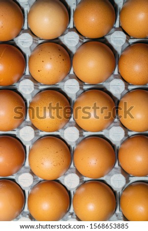chicken eggs, a pack of twenty brown strong, healthy chicken eggs in a cardboard box. the view from the top. vertical orientation for phones and mobile devices. phone screen picture.