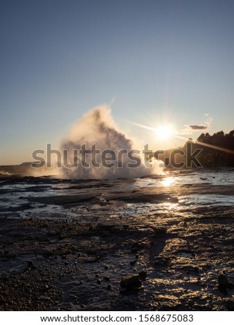 Eruption of the amazing Strokkur, on descending way. With the sun setting down.
Geysir Hot Spring Area, Iceland.