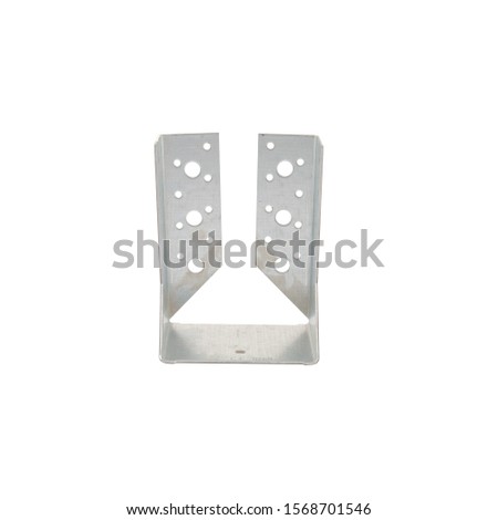 silver metal bracket, wood connector isolated on perfect white background, stock photography