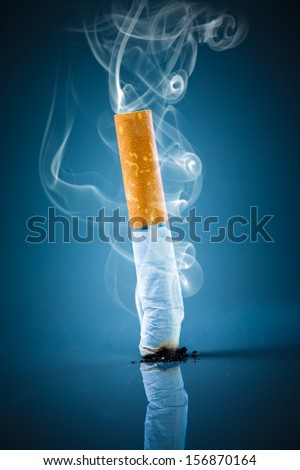 No smoking. Cigarette butt on a blue background.