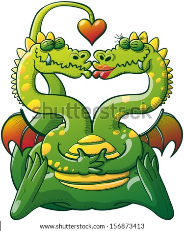 Double headed, dragon like monster showing the idyll of his two sides, in love, kissing, taking their hands, clenching their eyes and living their romance with a tail ending in a heart above the heads