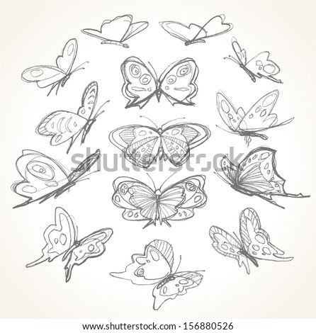 Set of hand drawn butterflies. Pencil sketch. 