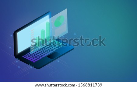 business strategy on laptop. Analysis data and Investment. concept for Business success, Financial review, infographic elements. cartoon 3d isometric flat design. Vector illustration. with copy space.